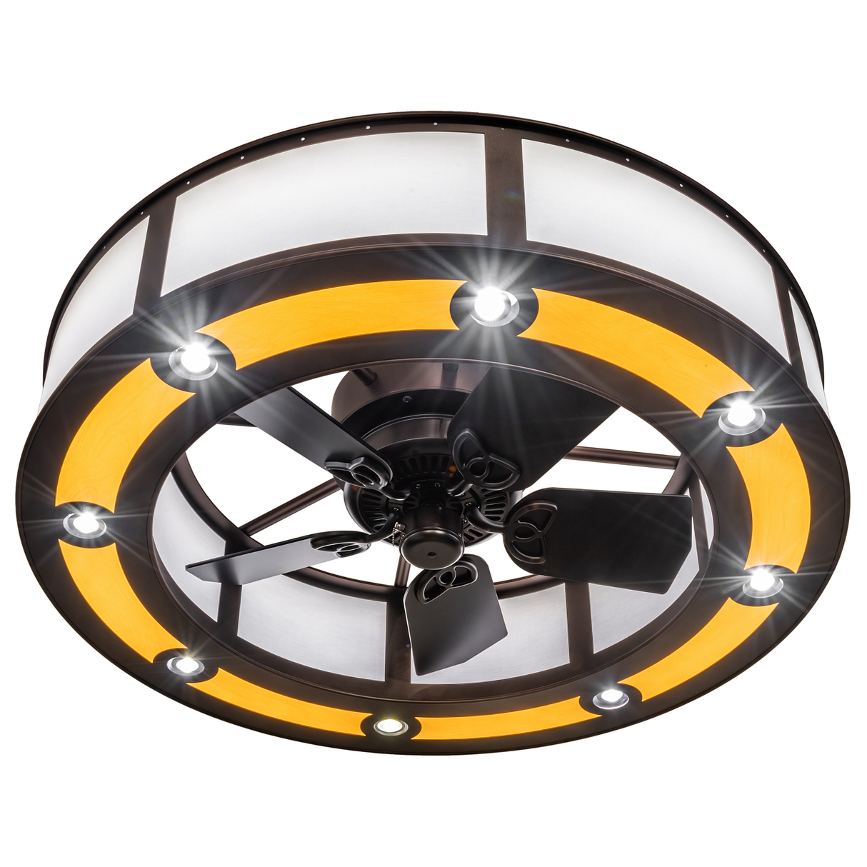 Bottom view of illuminated Chandel-Air showing glowing maplewood ring and fan blades.