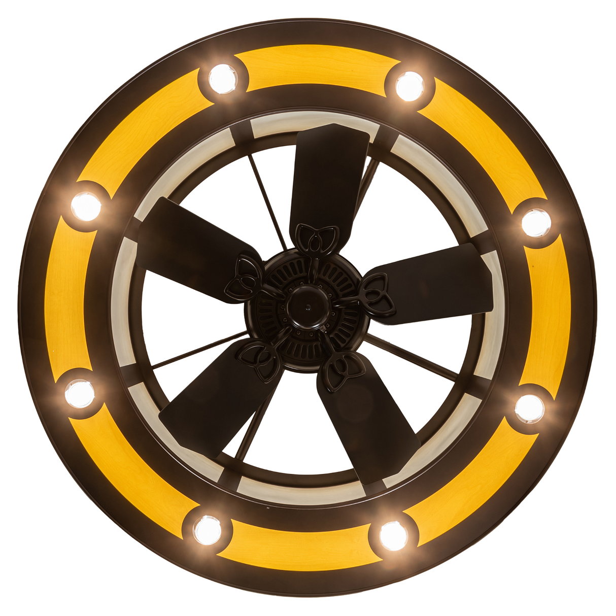 Bottom view showing integrated fan and glowing circular LED lights.