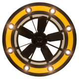 Bottom view showing integrated fan and glowing circular LED lights.