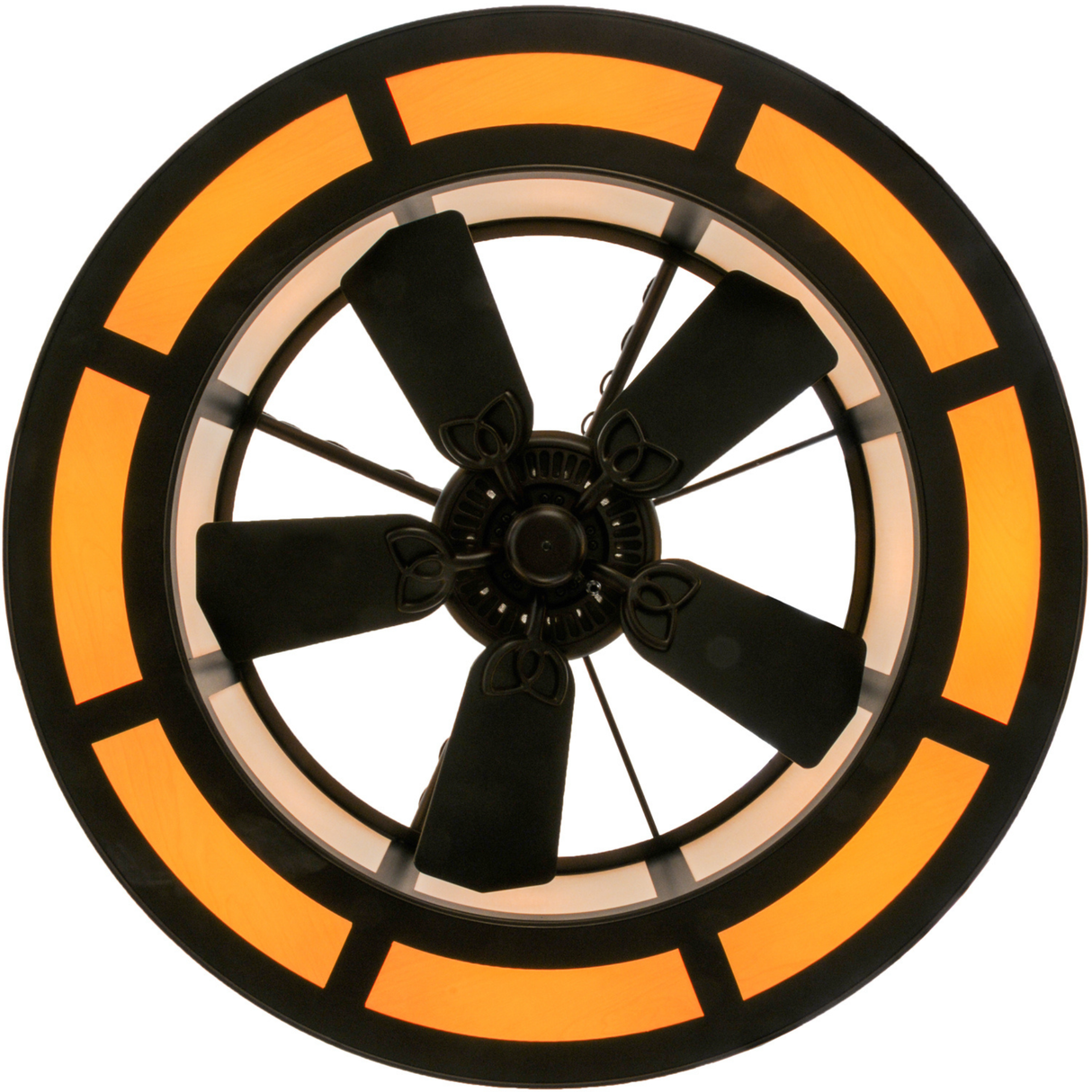 Bottom lit view revealing fan blades surrounded by amber diffuser glow.