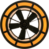 Bottom lit view revealing fan blades surrounded by amber diffuser glow.