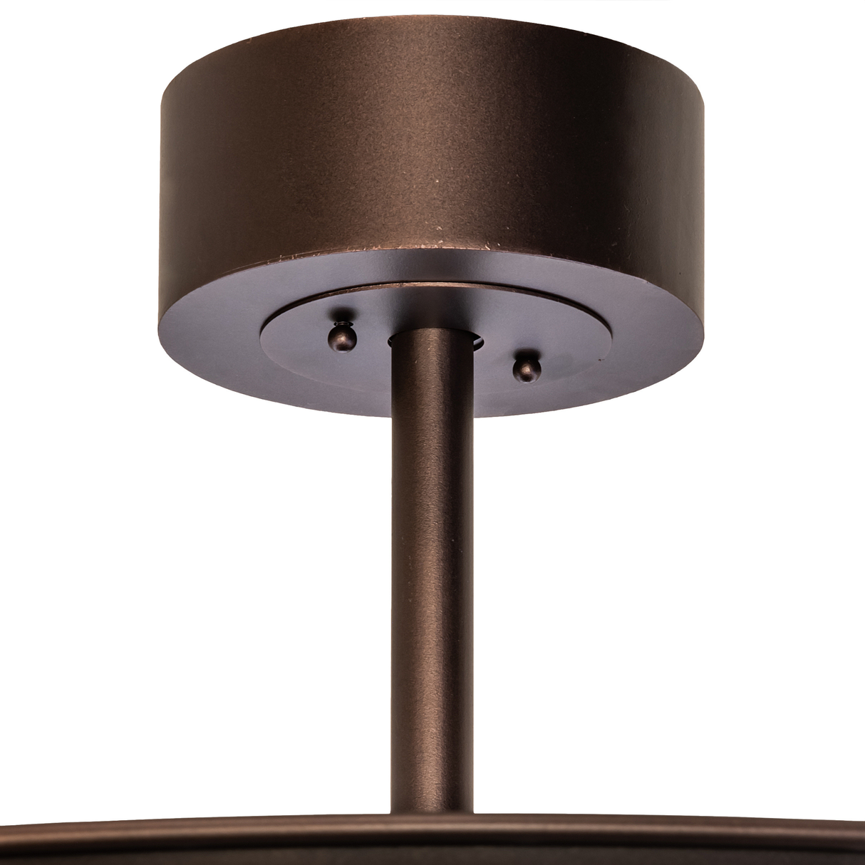 Close-up of canopy and downrod in mahogany bronze finish, unlit view.