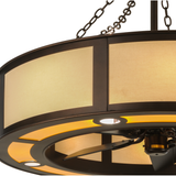 Closeup lit view highlighting textured diffuser and fan center.