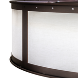 Frame detail showing bronze structure and beige linen panel texture.