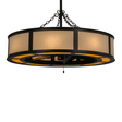 Front angle lit view showing warm maplewood diffuser and bronze frame.