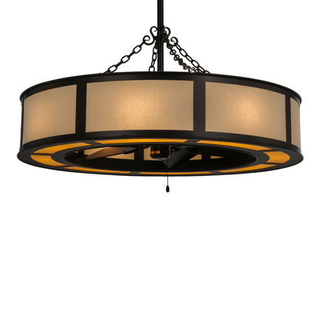 Front angle lit view showing warm maplewood diffuser and bronze frame.