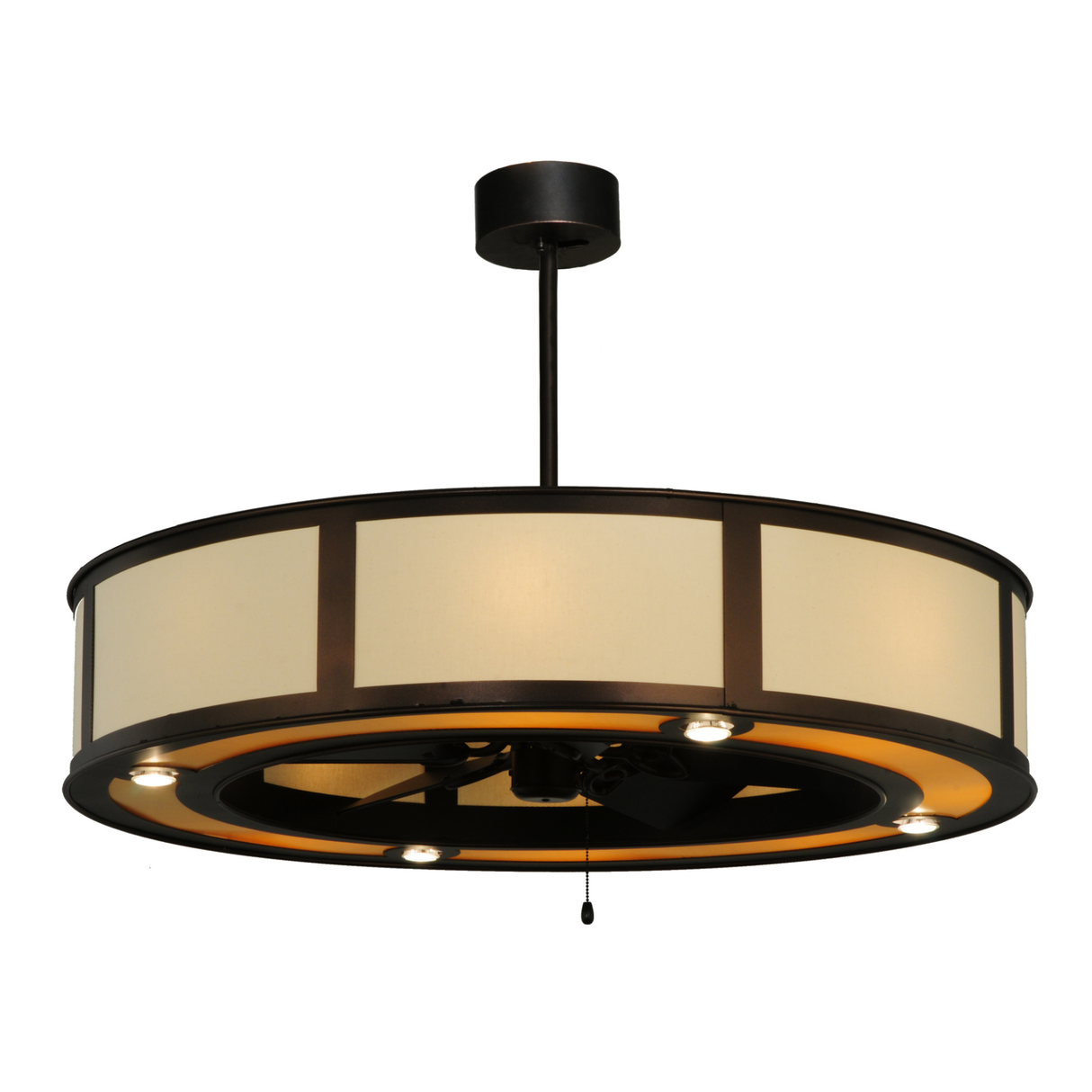 Smythe Craftsman Maplewood Chandel-Air front view showing beige fabric shade.