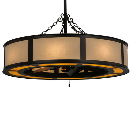 Front lit view with eggshell shade glowing softly through maplewood panels.