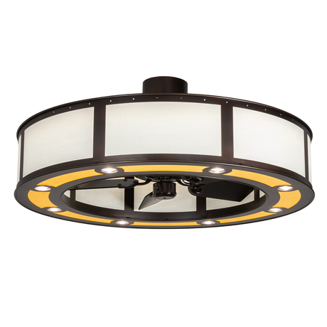 Lit angled view highlighting maplewood diffuser and bronze frame.