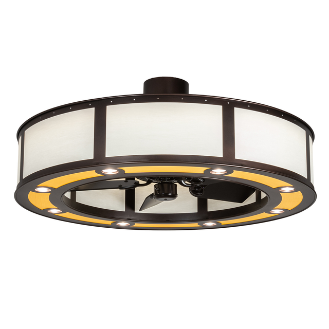 Lit angled view highlighting maplewood diffuser and bronze frame.