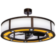 Warmly lit Maplewood Chandel-Air with glowing beige linen shade.