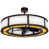 Warmly lit Maplewood Chandel-Air with glowing beige linen shade.