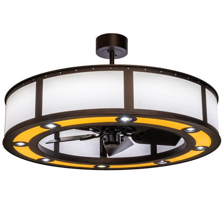 Warmly lit Maplewood Chandel-Air with glowing beige linen shade.