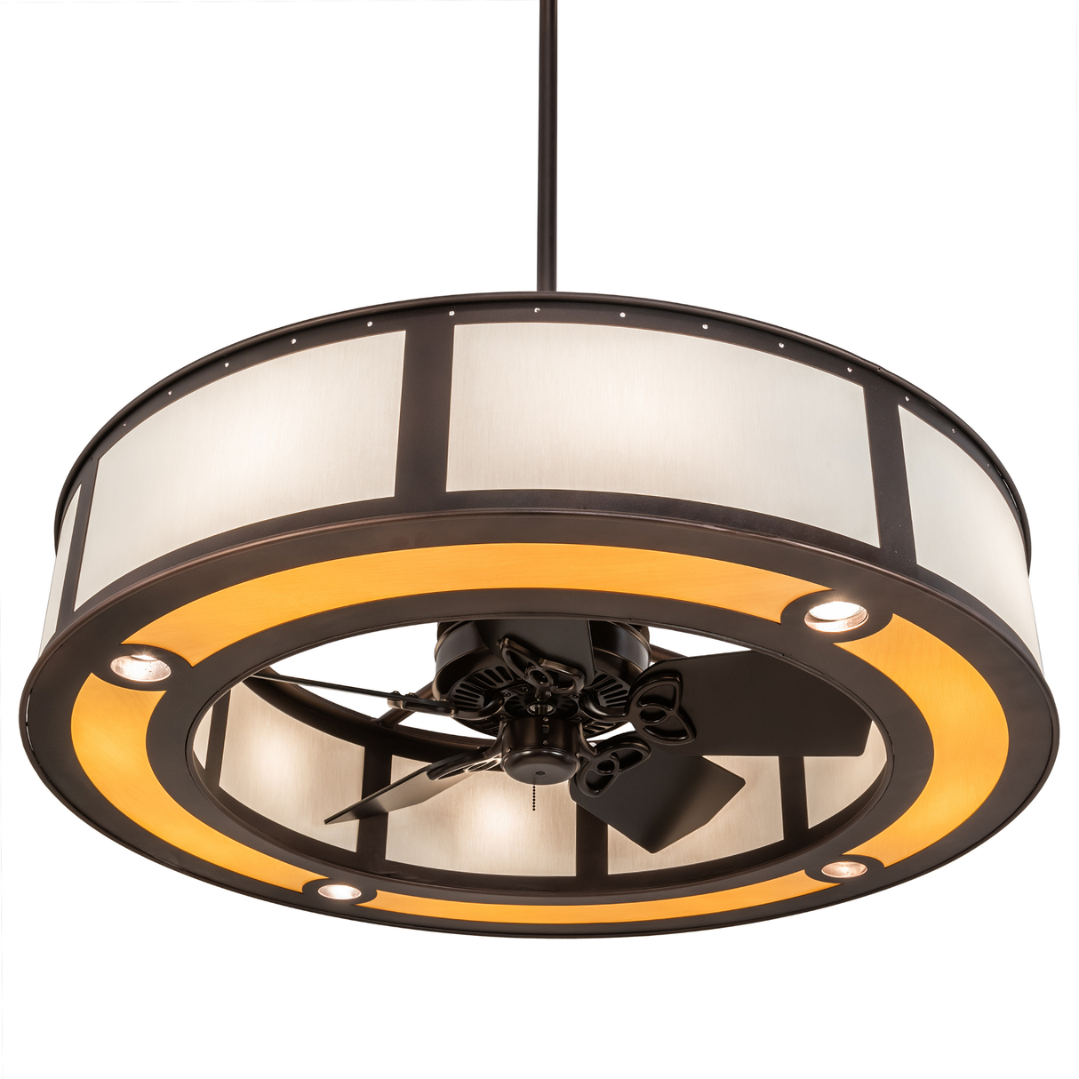 Bottom lit view showing integrated fan and circular diffuser ring.
