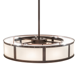 Overhead lit view showcasing fan and evenly spaced light arrangement.