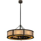 Overall hanging view showing entire fixture with warm amber lighting.