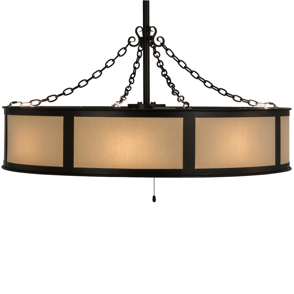 Side lit view displaying eggshell shade and elegant bronze framing.