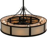 Top angle view showing uplights, fan mount, and chain suspension design.