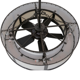 Top view displaying fan assembly, light sockets, and metal chain supports.