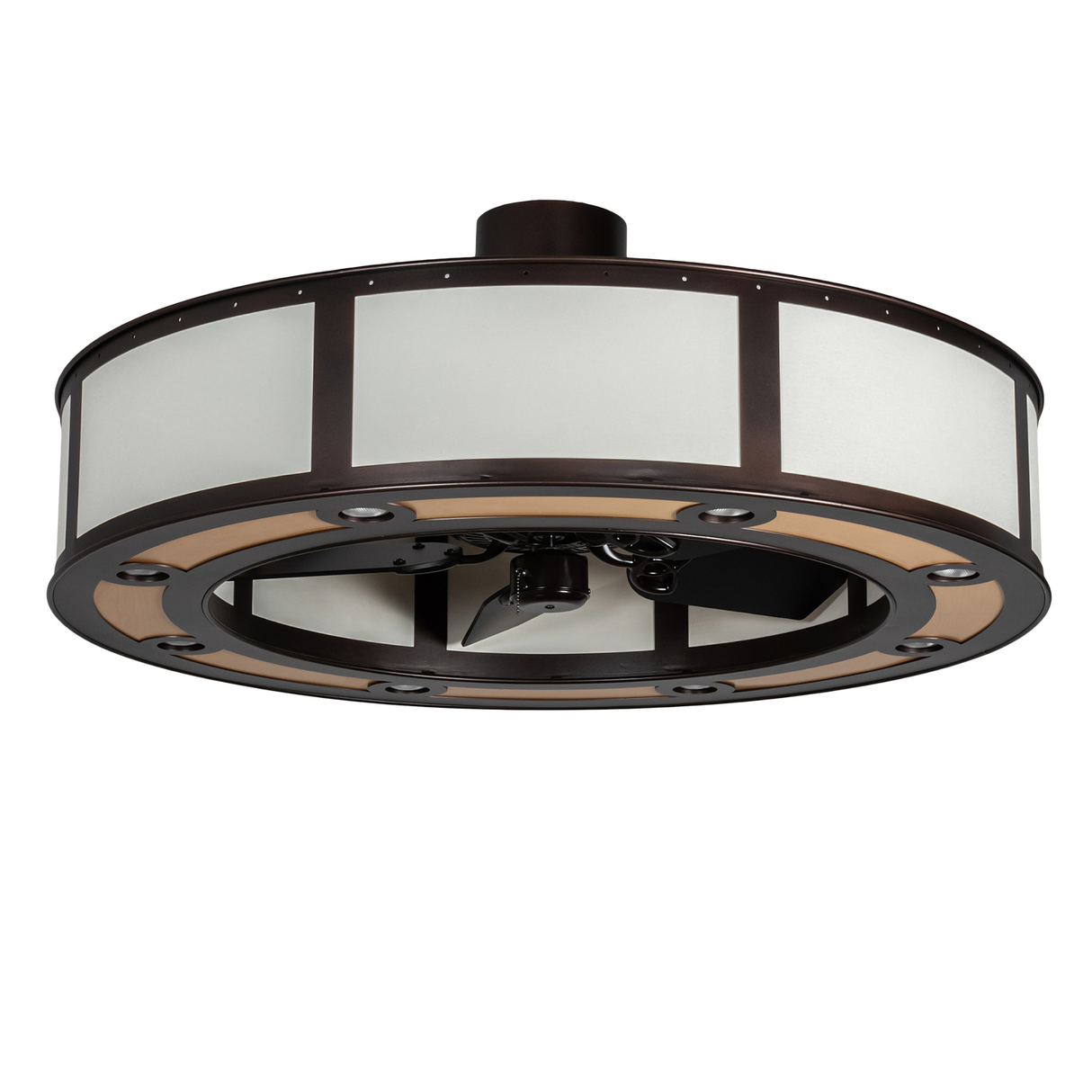 Unlit angled view showing bronze frame and beige Textrene panels.