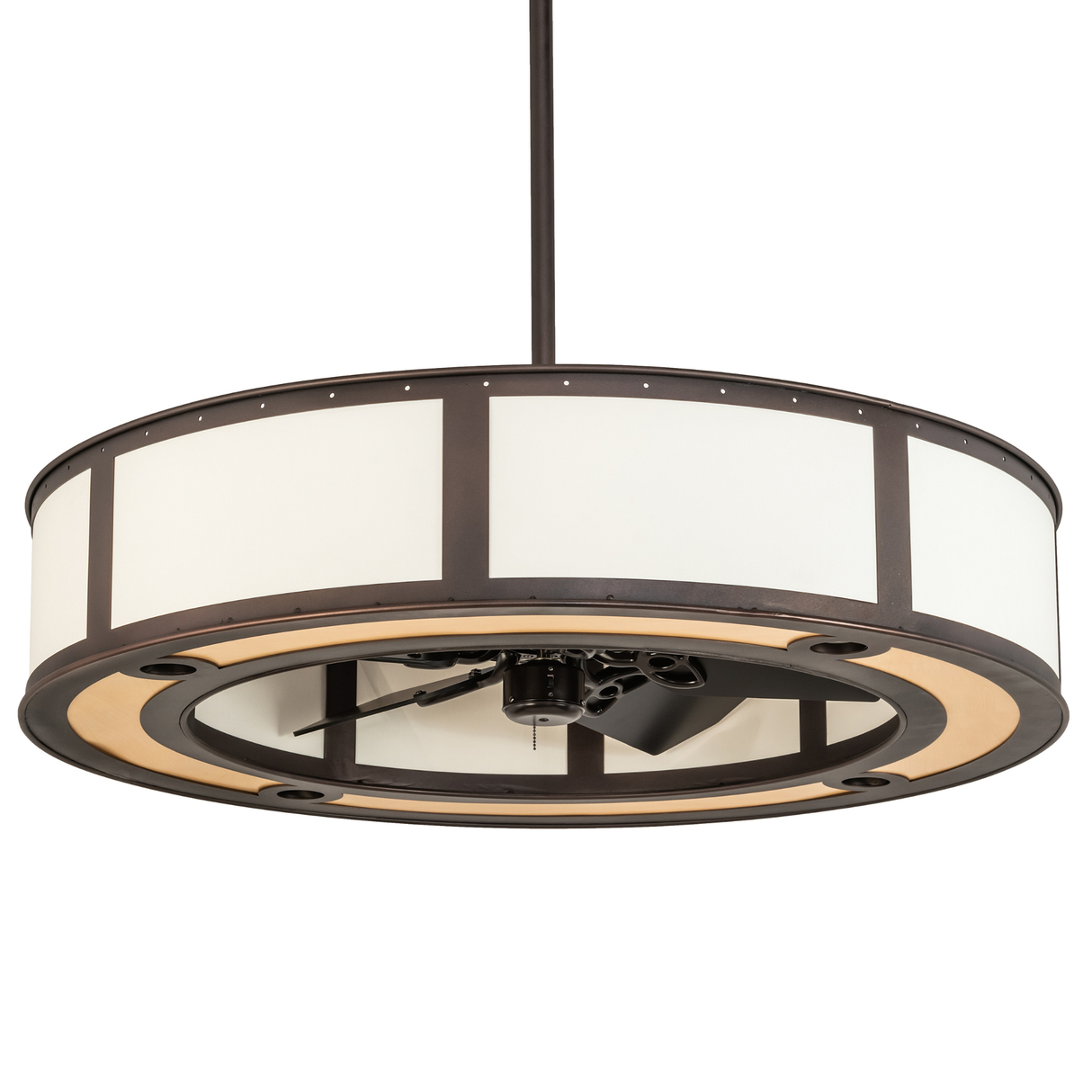 Unlit front angled view highlighting bronze frame and maplewood diffuser.