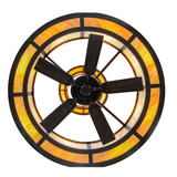 Bottom lit view showing five-blade fan surrounded by glowing diffuser panels.