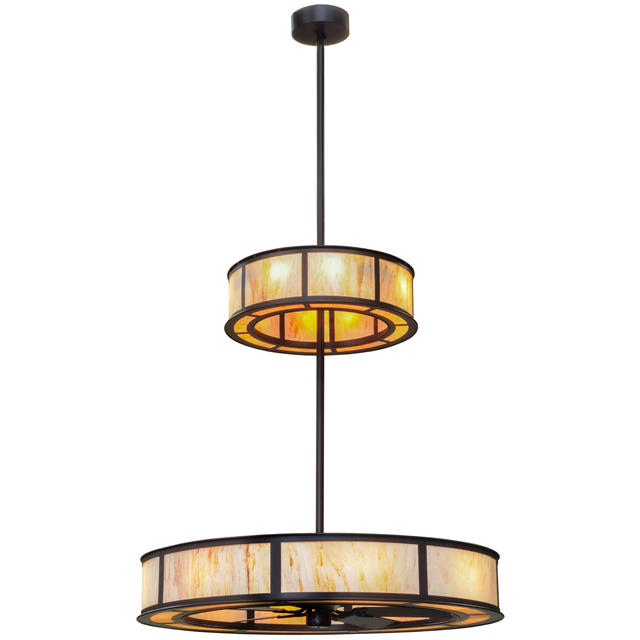 Front lit view of Smythe Craftsman Two Tier Chandel-Air glowing warmly.