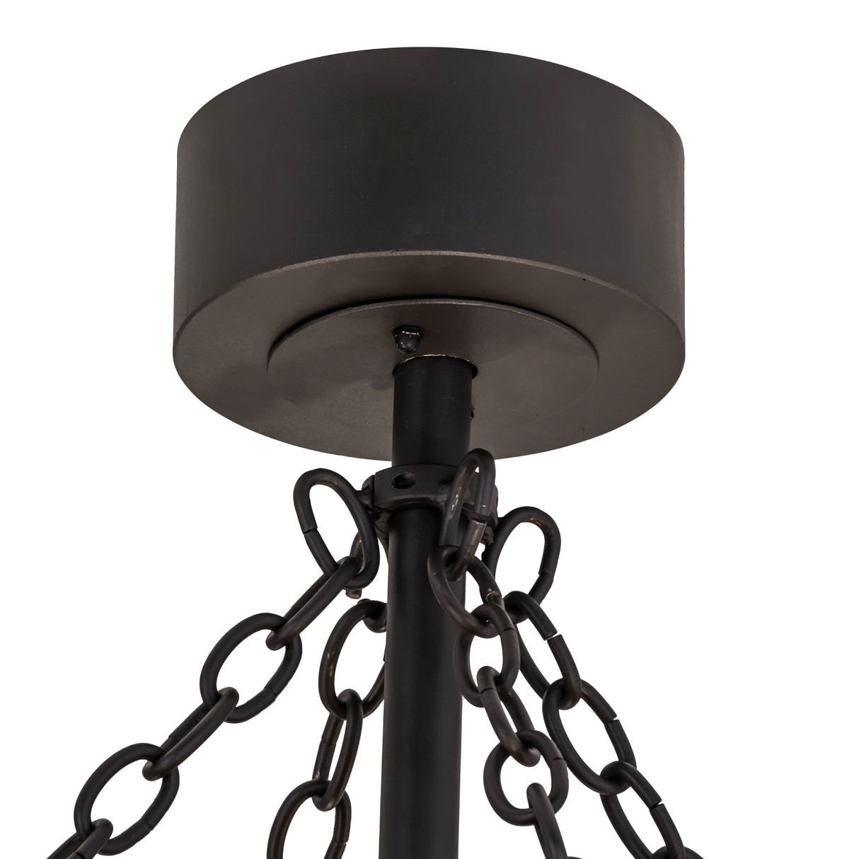 Ceiling canopy and chain mount detail in dark iron finish.
