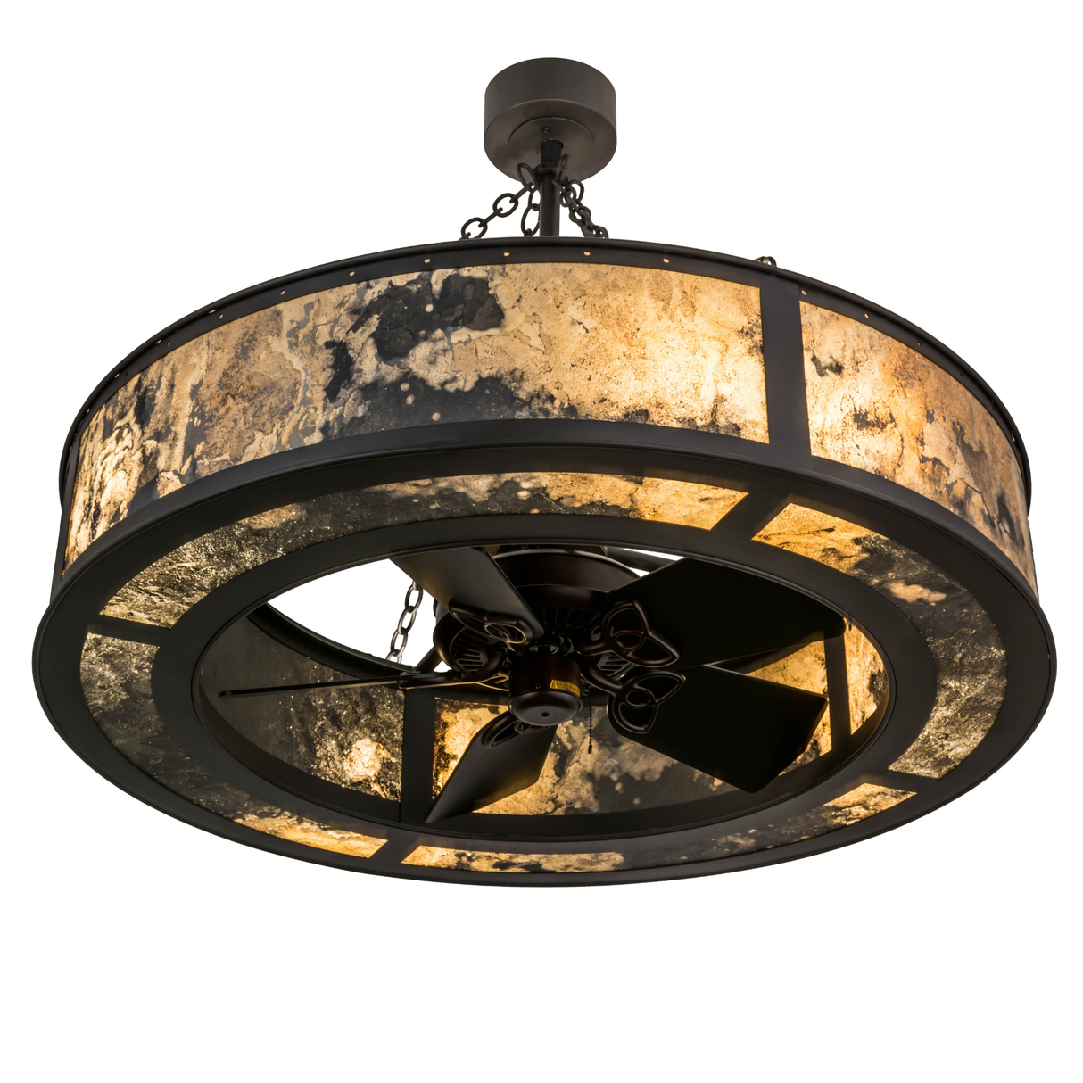 Bottom angled view showing fan and warm light diffusion.