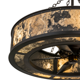 Closeup showing fan assembly and natural stone texture.