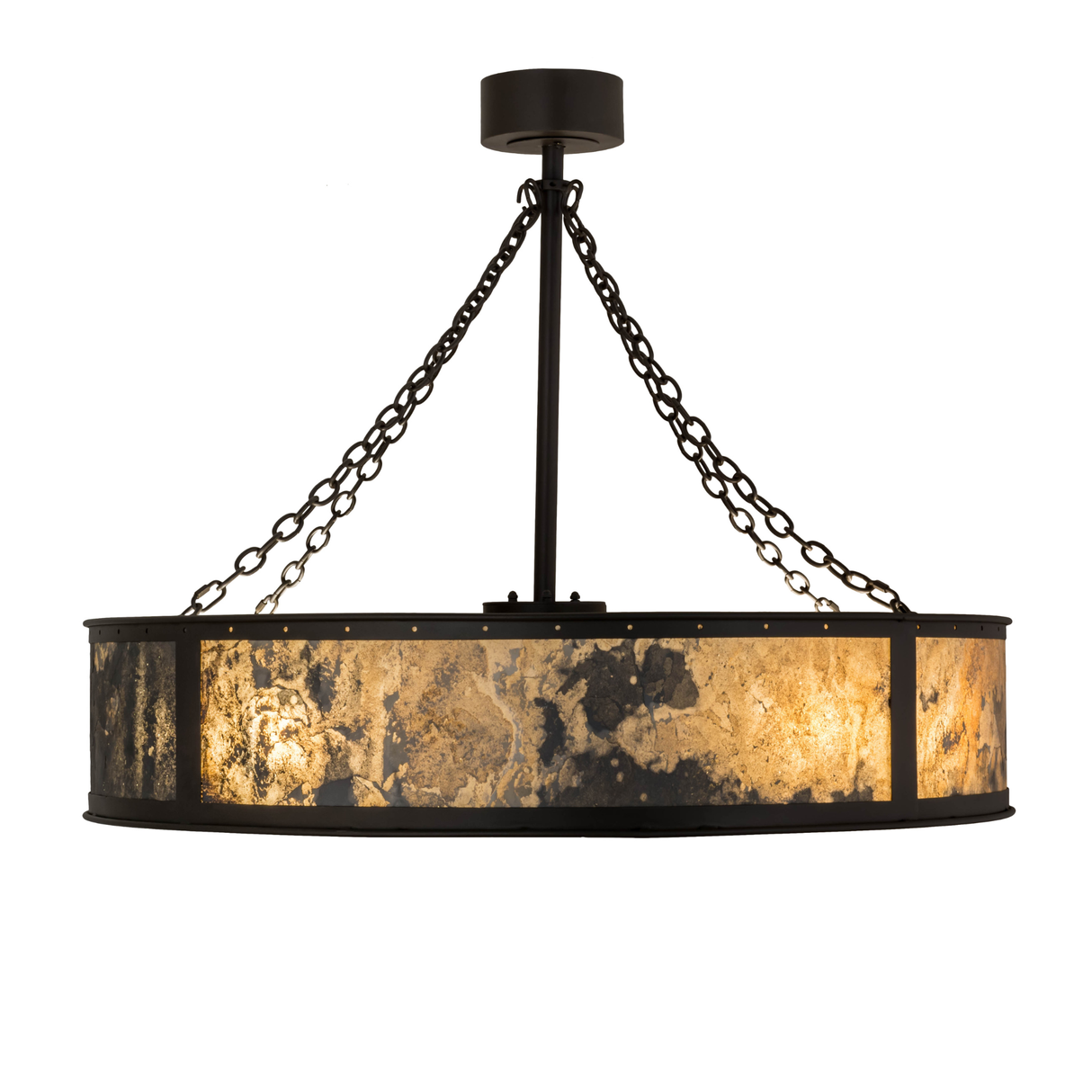 Side view showing lighted Quarrystone shade and fan center.