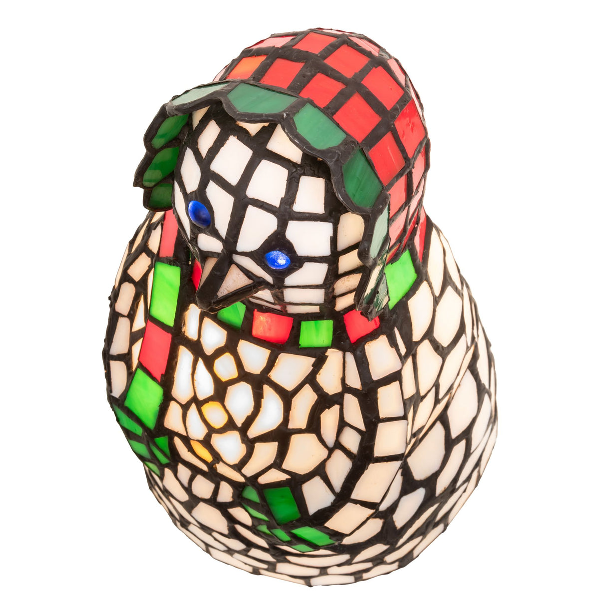 Top angle of the snow woman lamp revealing mosaic detailing.
