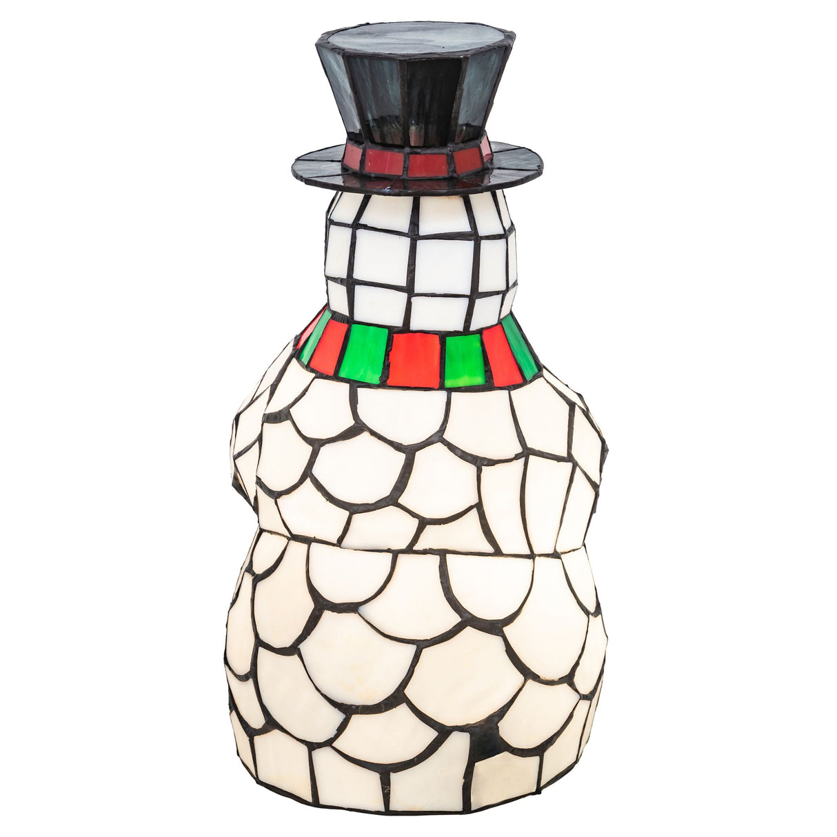 Back view of the Snowman Accent Lamp highlighting the craftsmanship of its stained glass.