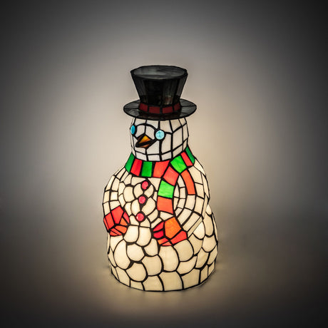 Illuminated view of the Snowman Accent Lamp showcasing its vibrant holiday colors.