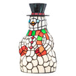 Handcrafted snowman accent lamp in stained glass with holiday colors, alternate front view.