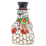 Handcrafted snowman accent lamp in stained glass with holiday colors, alternate front view.
