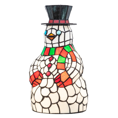 Handcrafted snowman accent lamp in stained glass with holiday colors, alternate front view.