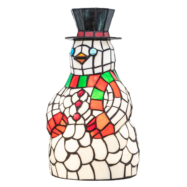 Handcrafted snowman accent lamp in stained glass with holiday colors, alternate front view.