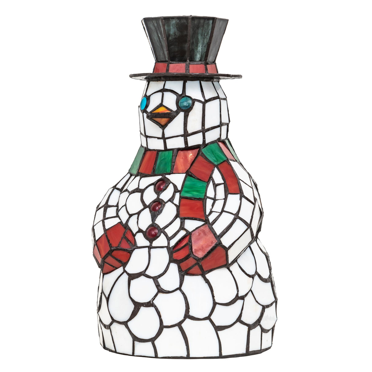 Stained glass snowman accent lamp with vibrant red and green scarf, front view.