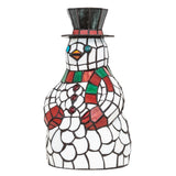 Stained glass snowman accent lamp with vibrant red and green scarf, front view.