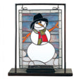 Lighted stained glass snowman on a brass stand—perfect winter decor.