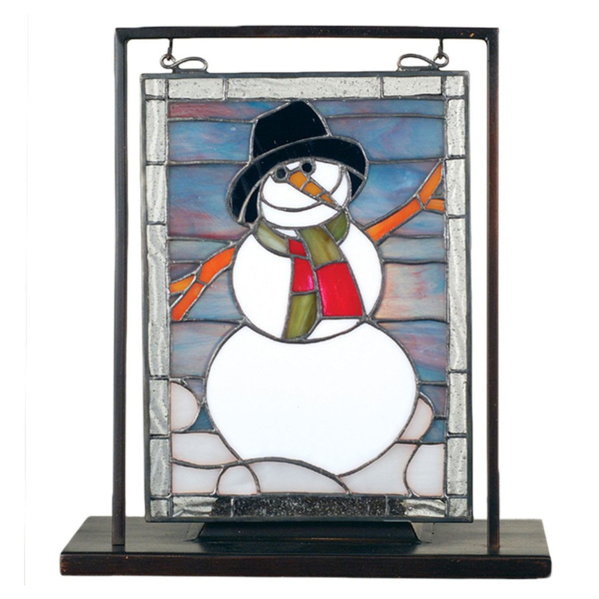Lighted stained glass snowman on a brass stand—perfect winter decor.