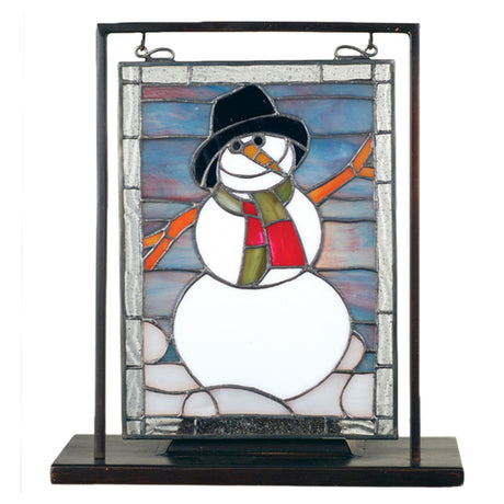 Lighted stained glass snowman on a brass stand—perfect winter decor.