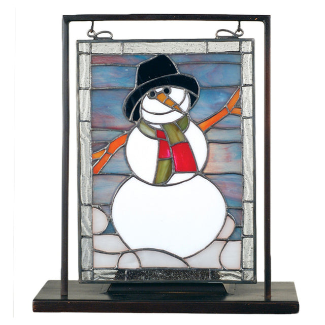 Lighted stained glass snowman on a brass stand—perfect winter decor.