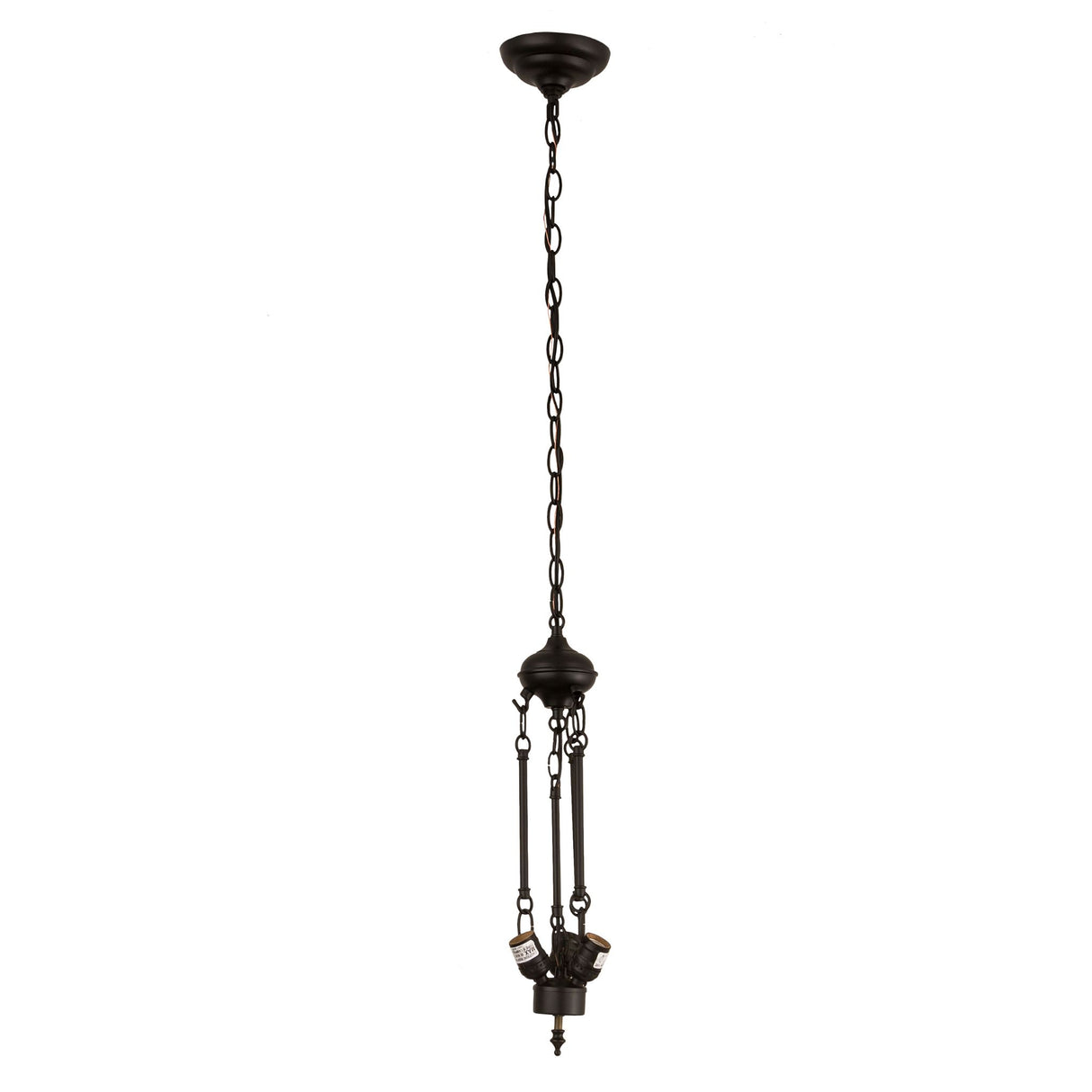 Solar black inverted pendant hardware with three bulb sockets and mahogany bronze finish.