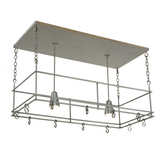 Spartan pot rack chandelier with bright task lighting.