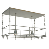 Rear angled view of modern kitchen pot rack light.