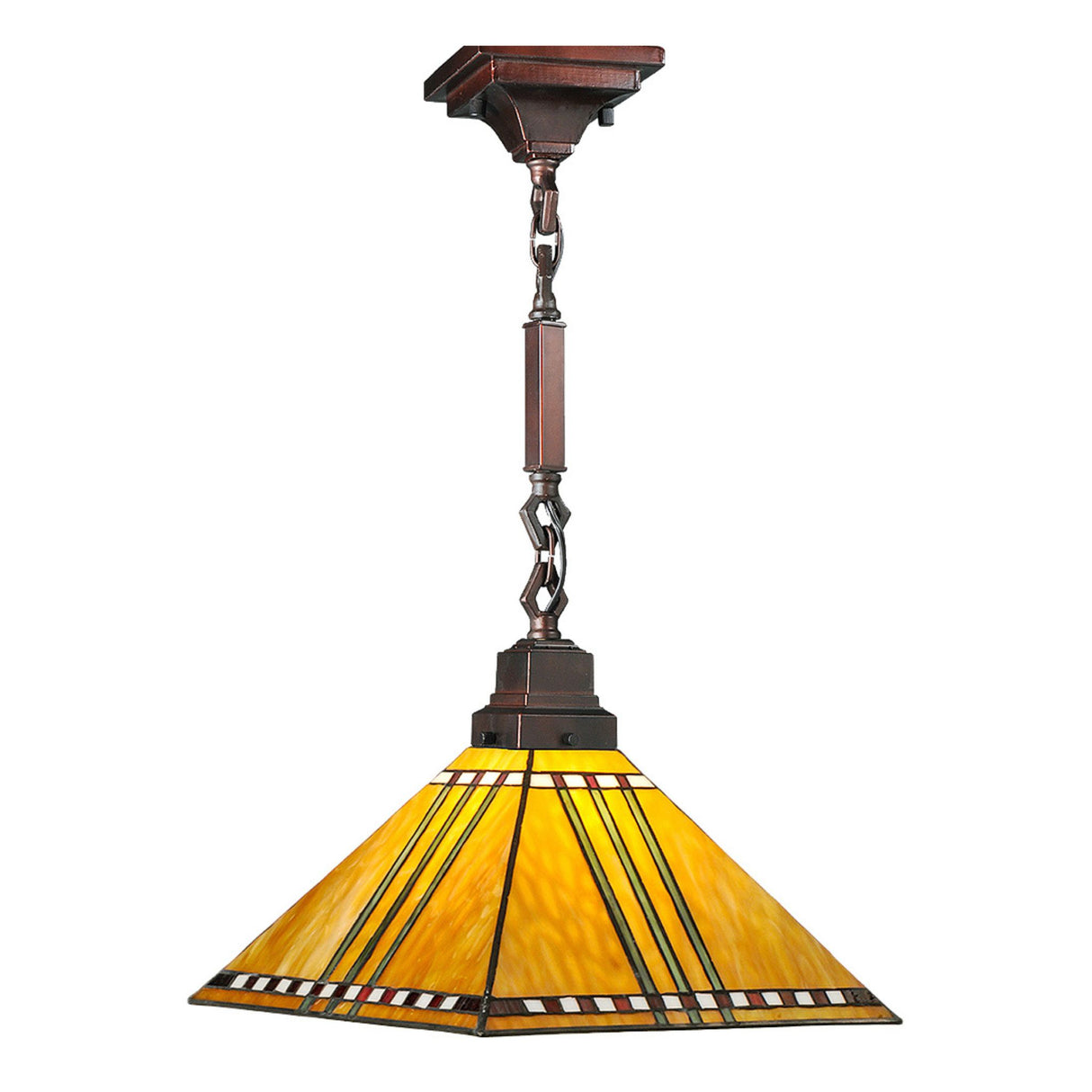 13" Square Prairie Corn Pendant with stained glass and Mission-style bronze hardware.