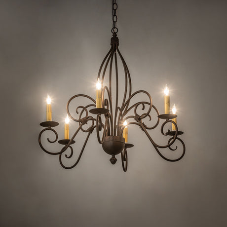 Ambient view of 6-light chandelier glowing in room setting, gilded tobacco finish.