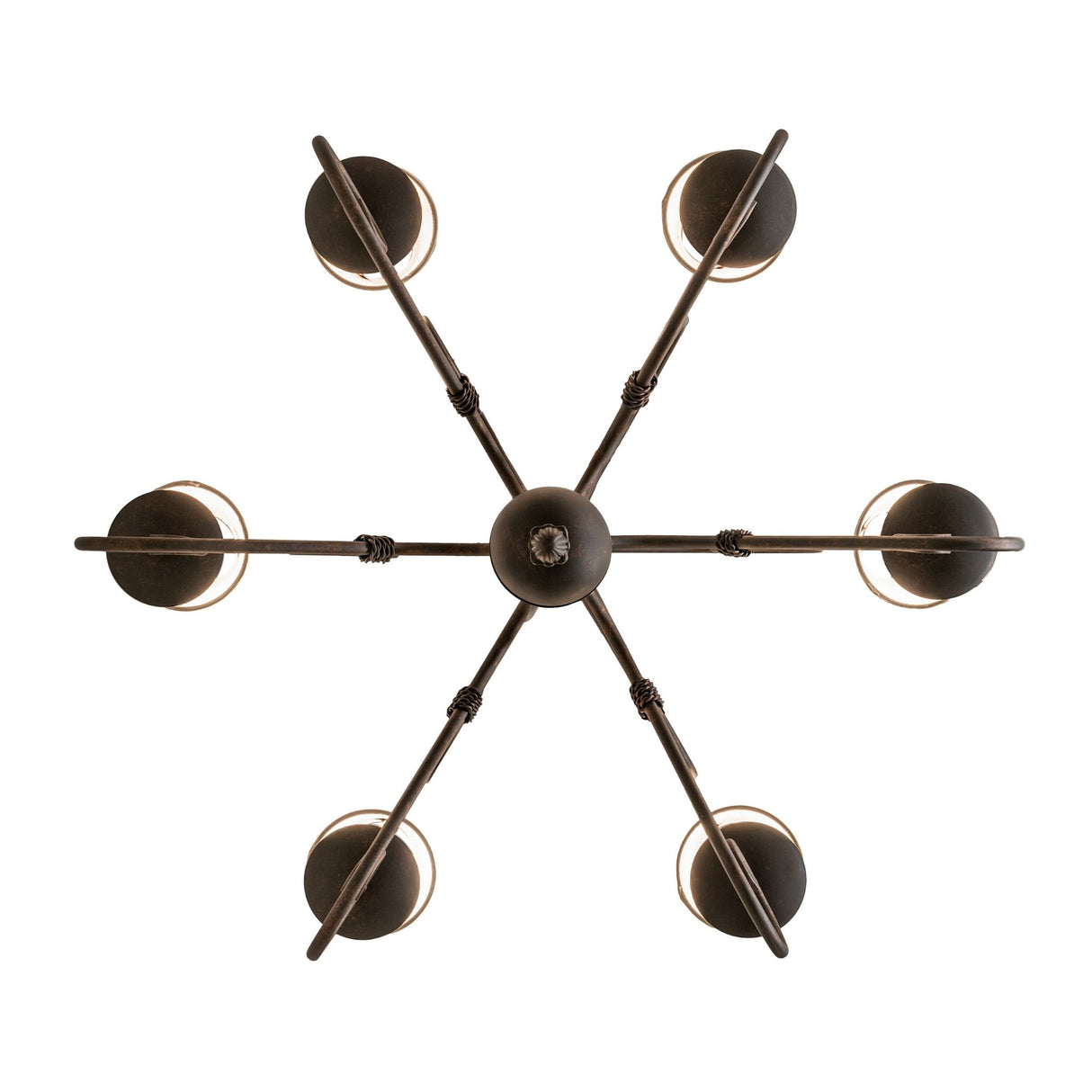 Direct bottom view showing circular arm layout and central finial.